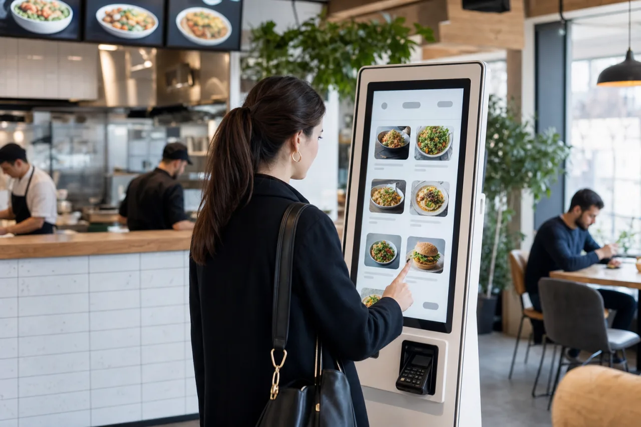 Cliente utilisant une borne de commande tactile dans un restaurant
